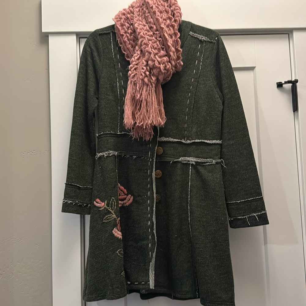 Cute fitted jacket with embroidery, includes matching sscarf!